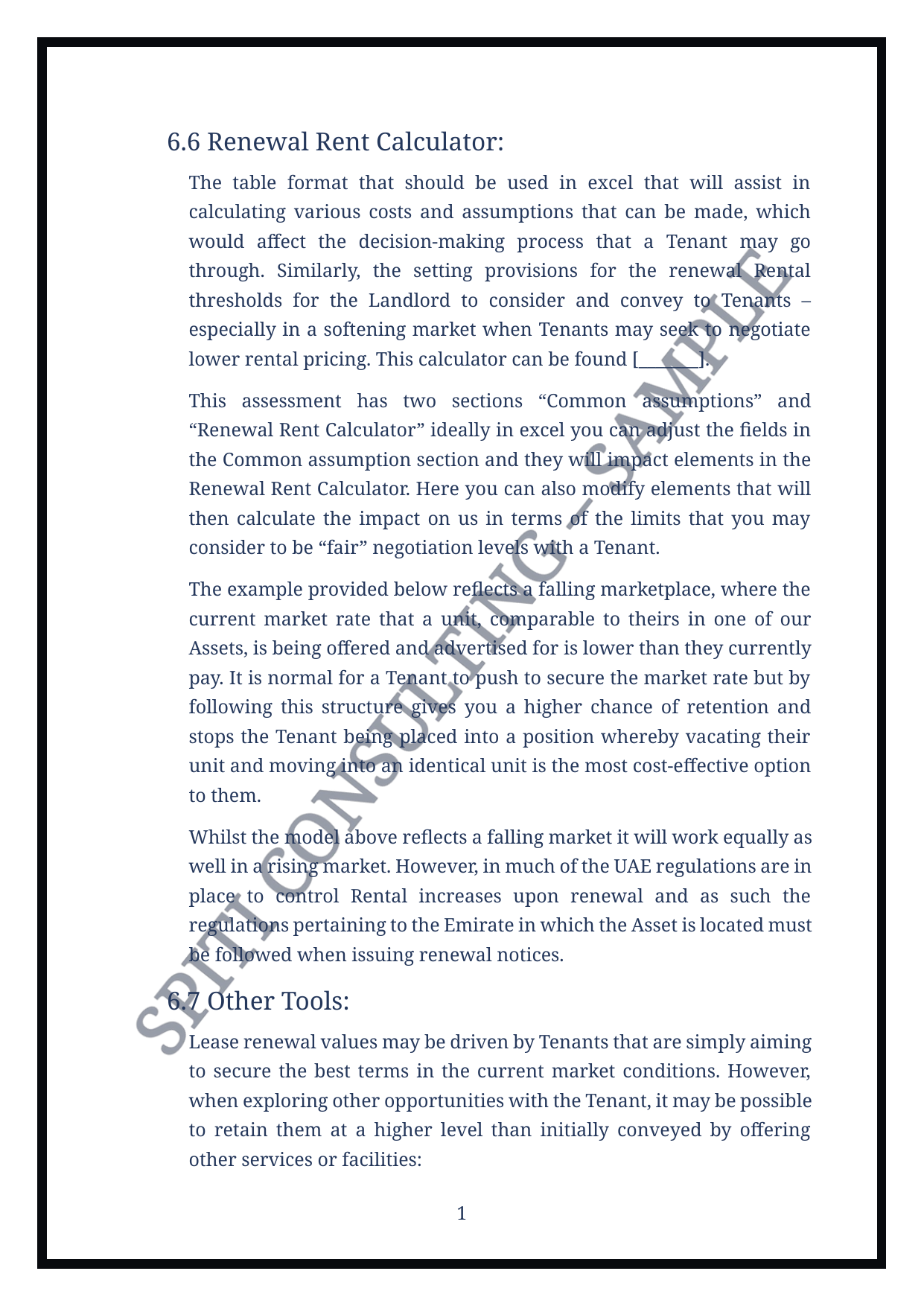 Illustrative renewal rent calculator policy page with Spiti Consulting Sample watermark