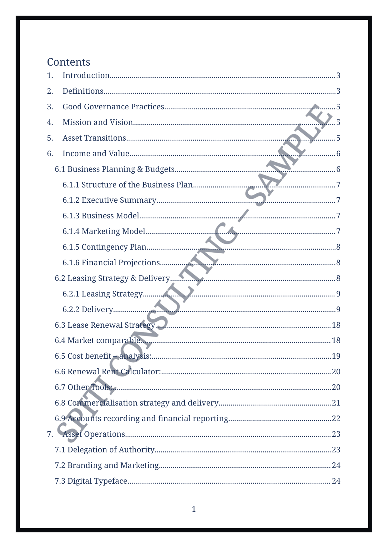 Illustrative policies and procedures contents page with Spiti Consulting Sample watermark