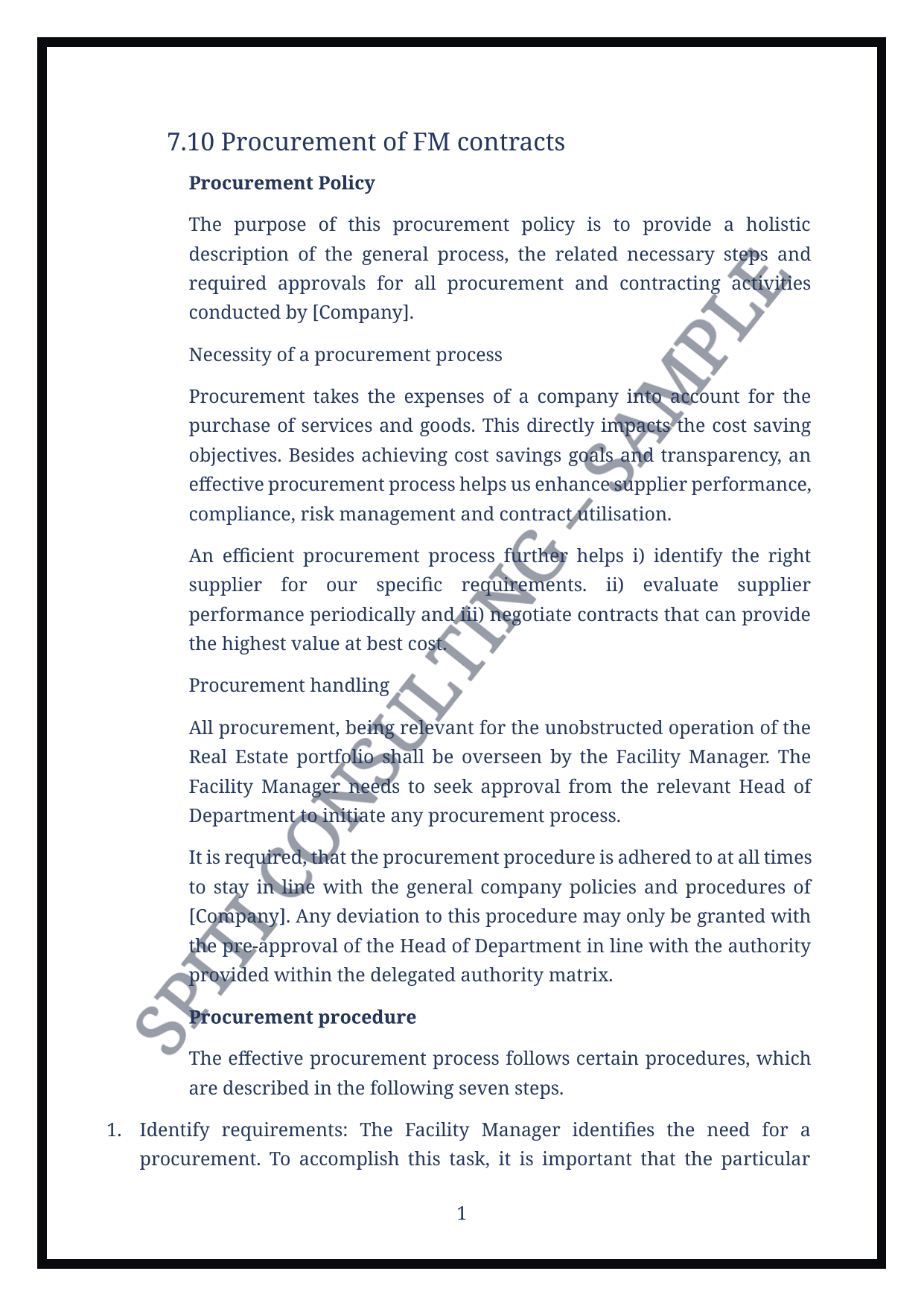 Illustrative procurement policy page with Spiti Consulting Sample watermark