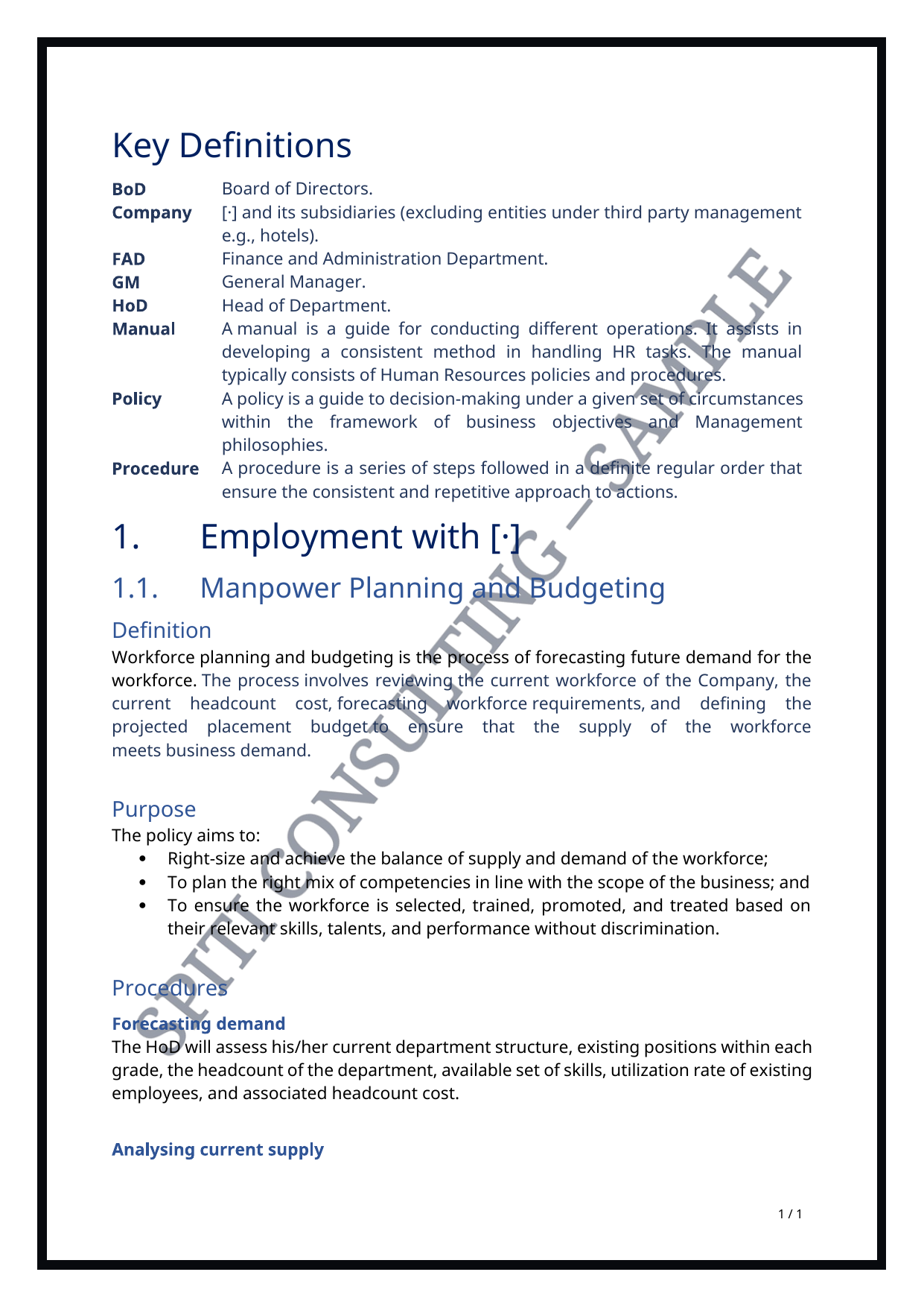 Illustrative Human Resources Manual key definitions page with Spiti Consulting Sample watermark