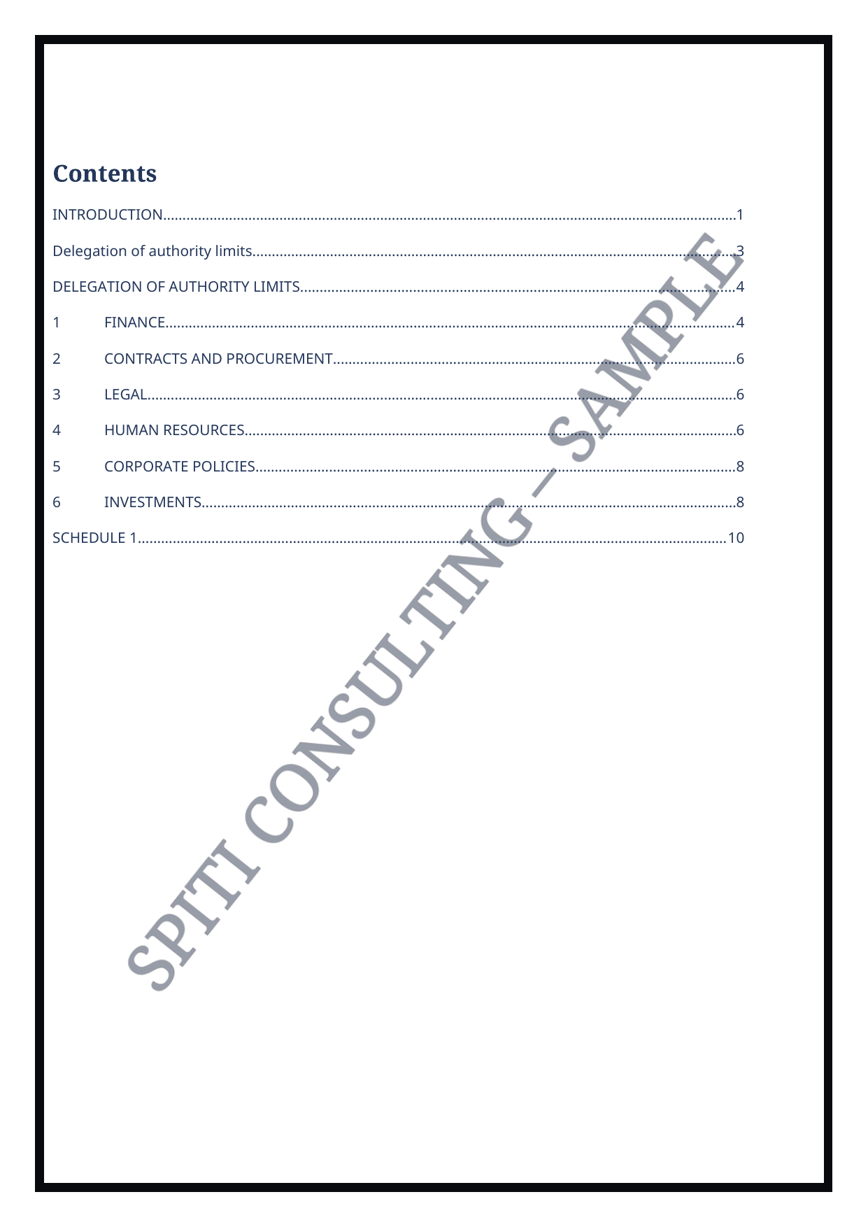 Illustrative Delegation of Authority Manual contents page with Spiti Consulting Sample watermark