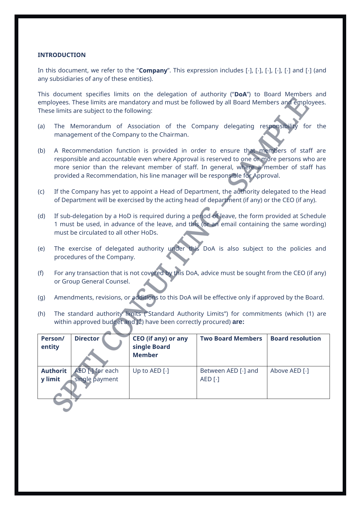 Illustrative Delegation of Authority Manual introduction page with Spiti Consulting Sample watermark