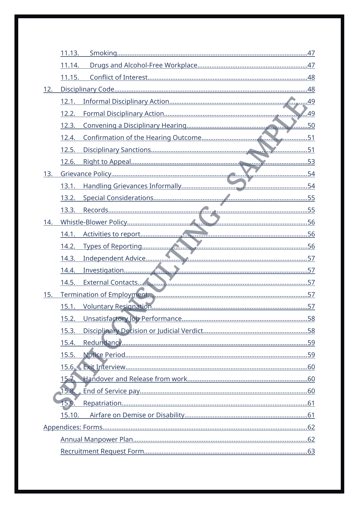 Illustrative Human Resources Manual contents page with Spiti Consulting Sample watermark