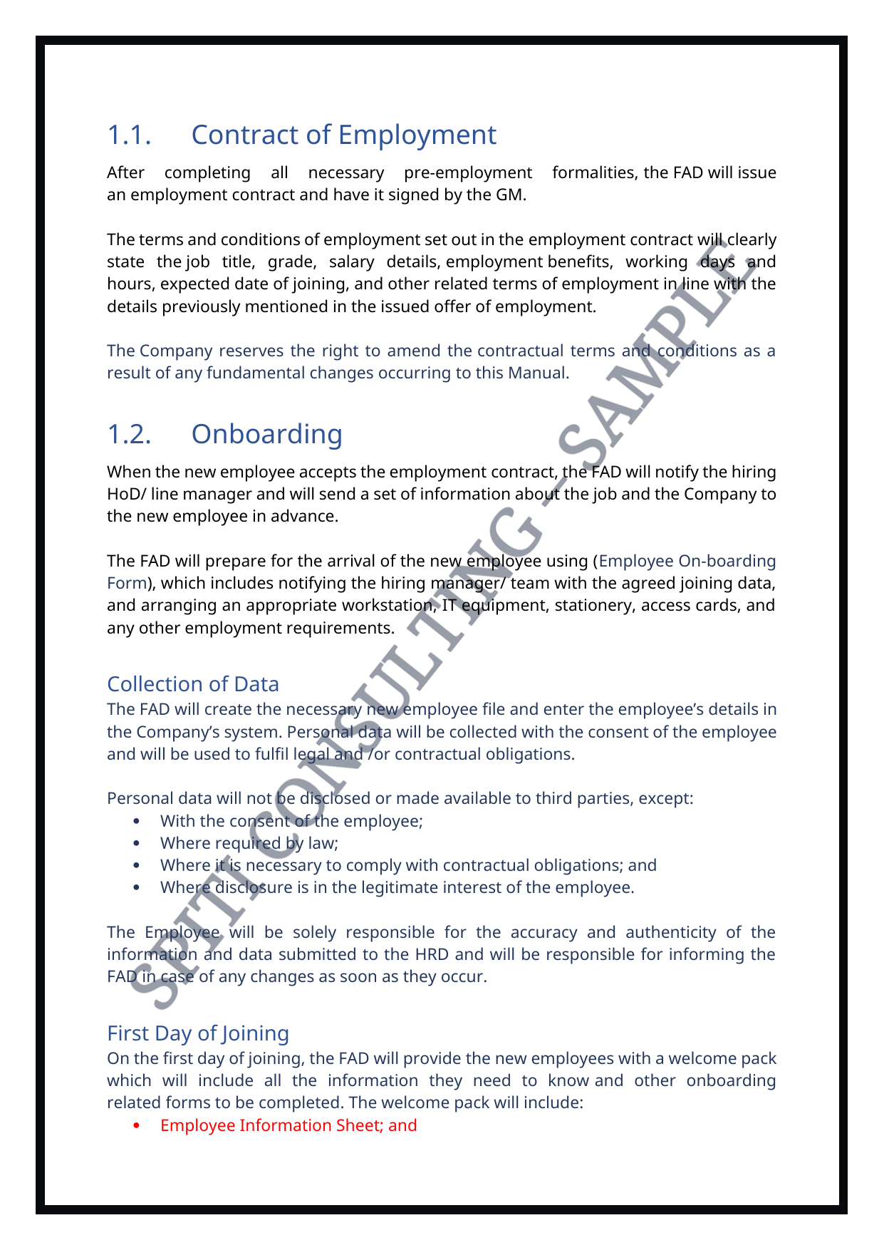 Illustrative Human Resources Manual employment and onboarding page with Spiti Consulting Sample watermark